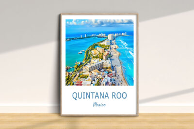 Framed aerial painting of Quintana Roo coastline.