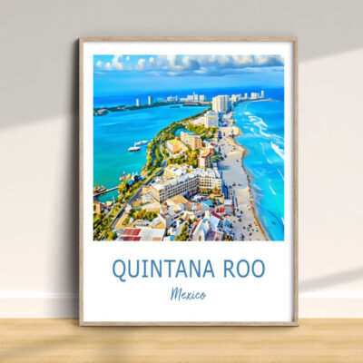 Framed aerial painting of Quintana Roo coastline.