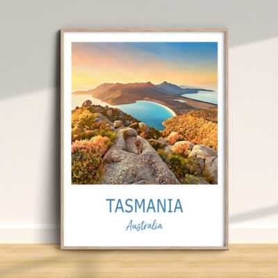 Tasmania landscape poster in wooden frame.