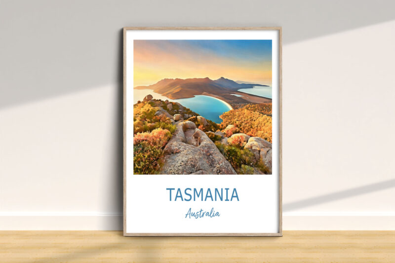 Tasmania landscape poster in wooden frame.