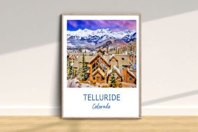 Telluride Colorado poster with snowy mountain view.