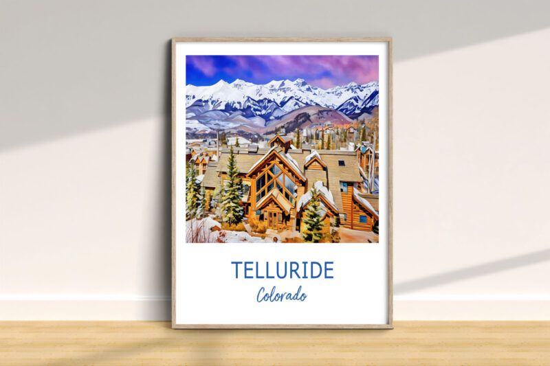 Telluride Colorado poster with snowy mountain view.