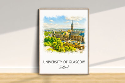 University of Glasgow poster, Scotland landscape illustration.