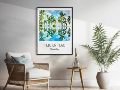 Framed poster of palm trees, modern interior design.