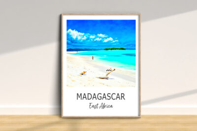 Madagascar beach with turquoise water and blue sky.