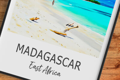 Madagascar beach scene with turquoise ocean.
