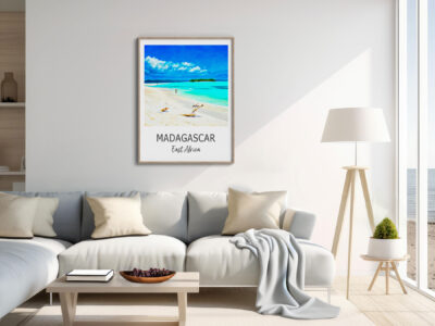Cozy living room with Madagascar beach poster.