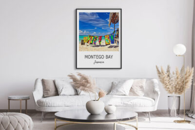 Montego Bay poster in stylish living room.
