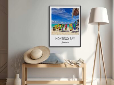 Montego Bay beach scene poster on wall