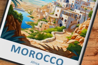 Illustrated Moroccan landscape with coastal town.