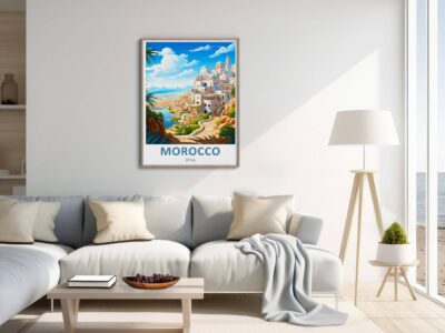 Cozy living room with Morocco travel poster.