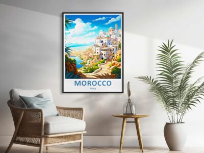 Illustration of Moroccan coastal village, sunny day.