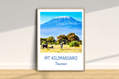 Mount Kilimanjaro with elephants in Tanzania landscape.