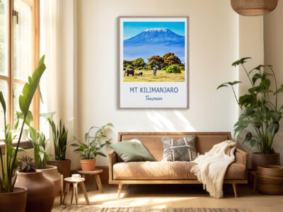 Living room with Mt Kilimanjaro poster display