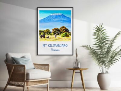 Mount Kilimanjaro poster with landscape and wildlife.