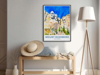 Mount Rushmore poster in modern interior room.