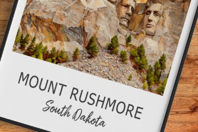 Mount Rushmore illustration, South Dakota sign in frame.