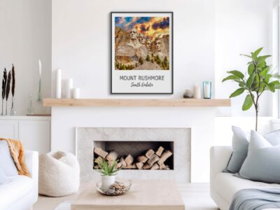 Living room with Mount Rushmore poster above fireplace.