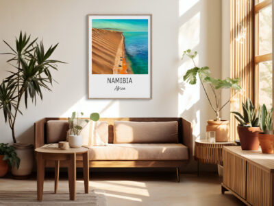 Cozy living room with Namibia landscape art.