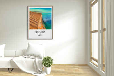 Namibia desert and ocean poster in living room.