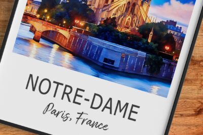 Notre-Dame Cathedral in Paris at night illustration