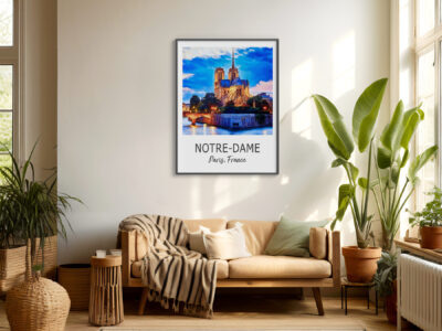 Living room with Notre-Dame framed artwork on wall.
