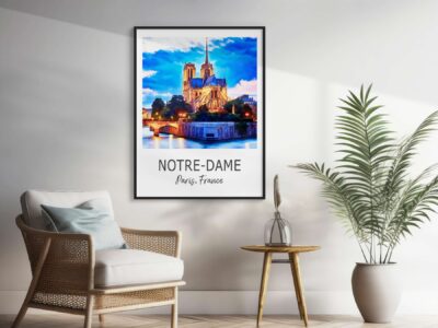 Framed Notre-Dame poster in stylish room setup.