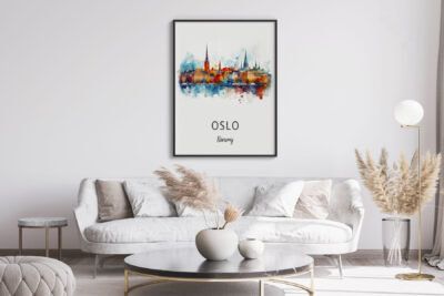 Oslo watercolor art in modern living room.