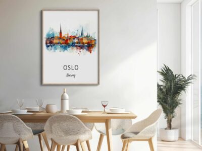 Dining room with Oslo skyline artwork