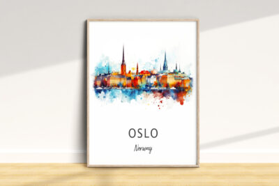 Colorful Oslo skyline watercolor art print