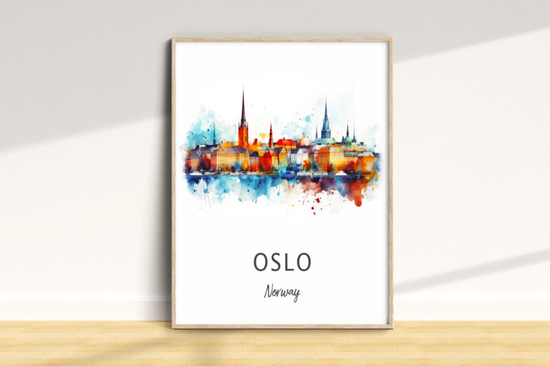 Colorful Oslo skyline watercolor art print