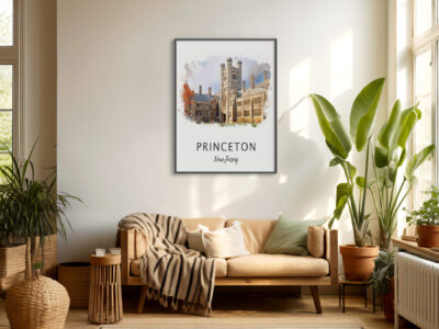 Cozy living room with Princeton poster and plants.