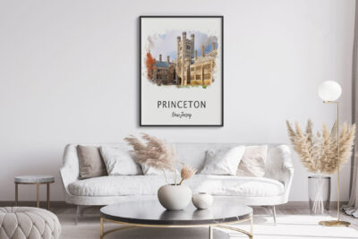 Modern room with Princeton poster and decor.