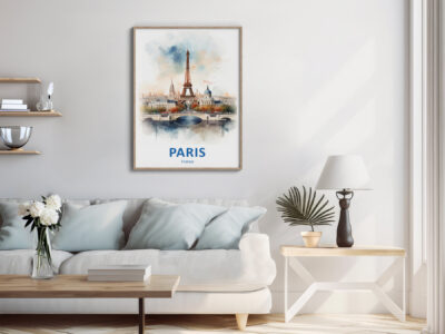 Living room with Paris artwork and cozy decor.