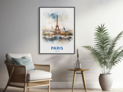 Paris watercolor illustration framed on living room wall.