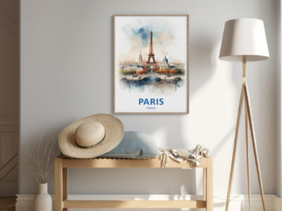 Room decor with Eiffel Tower artwork and lamp