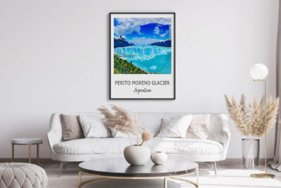 Living room with Perito Moreno Glacier poster.
