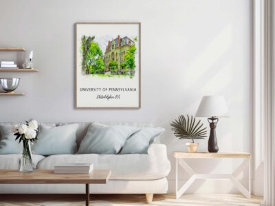 Stylish living room with University of Pennsylvania artwork.