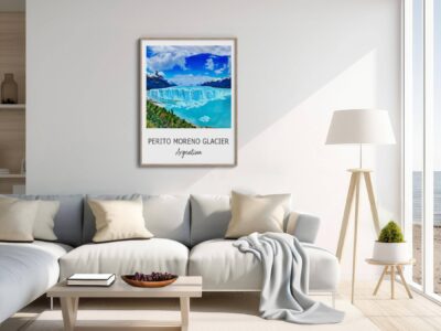 Living room with Perito Moreno Glacier poster.