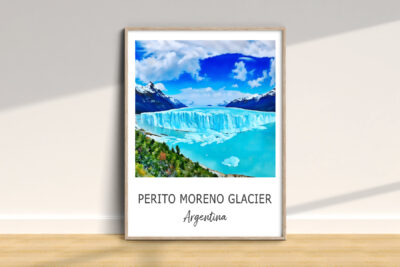 Framed artwork of Perito Moreno Glacier in Argentina.