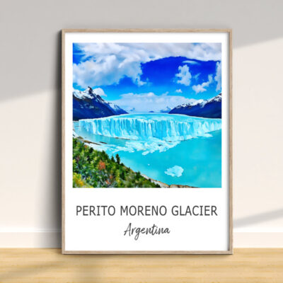 Framed artwork of Perito Moreno Glacier in Argentina.