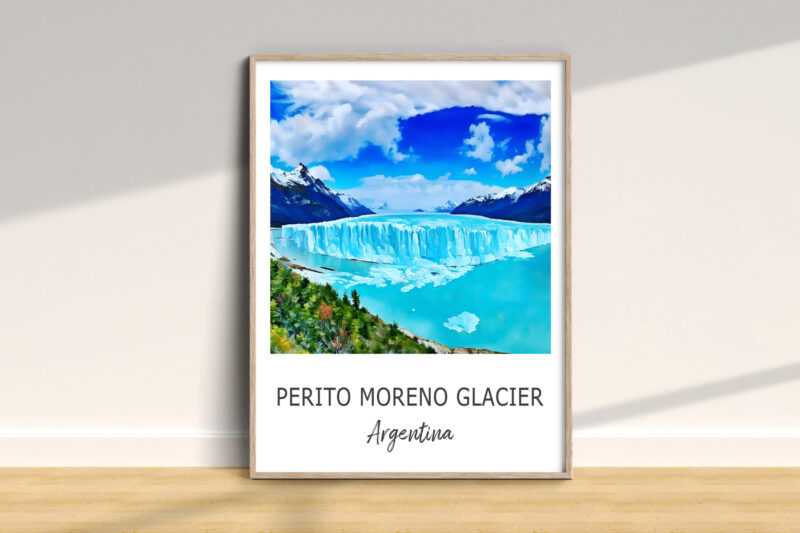 Framed artwork of Perito Moreno Glacier in Argentina.