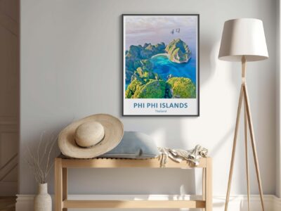 A framed Phi Phi Islands poster in room decor.