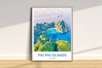Colorful Phi Phi Islands poster on a wall.