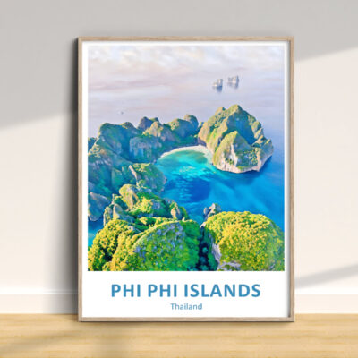 Colorful Phi Phi Islands poster on a wall.