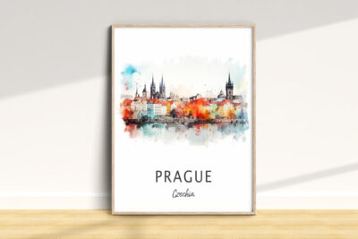 Watercolor painting of Prague skyline in frame.