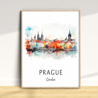Watercolor painting of Prague skyline in frame.