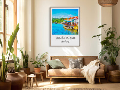 Cozy living room with Roatán Island wall art.