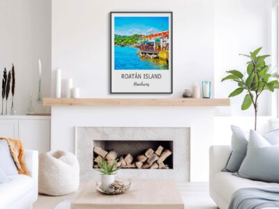Cozy living room with Roatán Island artwork.