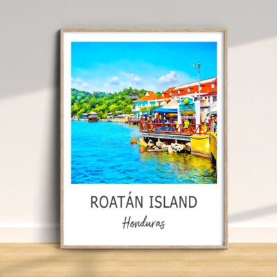 Colorful Roatán Island poster on display wall.